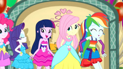 Size: 3410x1920 | Tagged: safe, screencap, fluttershy, pinkie pie, rainbow dash, rarity, twilight sparkle, a photo booth story, equestria girls, g4, my little pony equestria girls: summertime shorts, bare shoulders, belt, bracelet, clothes, cute, cutie mark, cutie mark on clothes, dashabetes, eyes closed, fall formal outfits, female, grin, jewelry, offscreen character, open mouth, shyabetes, sleeveless, smiling, strapless, twiabetes