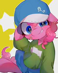 Size: 1105x1396 | Tagged: safe, artist:lexiedraw, pinkie pie, earth pony, pony, bandaid, baseball cap, cap, clothes, cute, diapinkes, female, hat, mare, ponk, smiling, solo