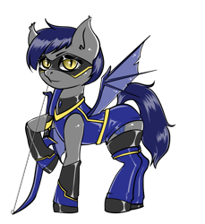 Size: 951x1040 | Tagged: safe, artist:leastways, oc, oc only, oc:lapis, oc:sapphire the crystal archer, bat pony, pony, fallout equestria, bat pony oc, bow, bow (weapon), commission, simple background, sketch, solo, superhero, superhero costume, transparent background