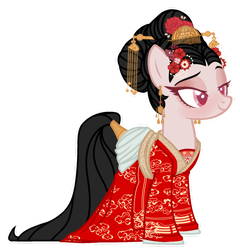 Size: 1280x1332 | Tagged: safe, artist:kellysweet1, oc, oc only, earth pony, pony, bell, black hair, clothes, comb, ear piercing, earring, earth pony oc, eyeshadow, female, geisha, hair ornament, jewelry, kanzashi, kimono (clothing), makeup, mare, piercing, pink eyes, simple background, smiling, solo, tail wrap, transparent background