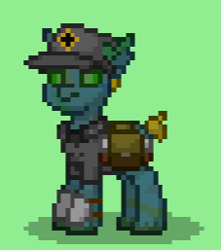 Size: 227x257 | Tagged: safe, oc, oc only, oc:spring reed, ghoul, pony, undead, ashes town, fallout equestria, archer, armor, cap, glowing eyes, green eyes, hat, simple background, solo