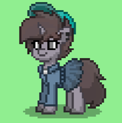 Size: 287x290 | Tagged: safe, oc, oc only, oc:funky flare, pony, unicorn, ashes town, cap, clothes, ear piercing, gray eyes, gray mane, grey fur, hat, horn, long tail, piercing, simple background, skirt, solo, unicorn oc