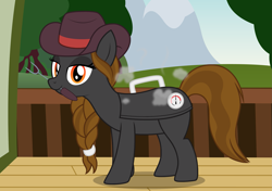 Size: 2531x1778 | Tagged: safe, artist:badumsquish, derpibooru exclusive, oc, oc only, oc:barbecutie, object pony, original species, pony, barbeque, braid, braided ponytail, cooking, cowboy hat, deck, female, food, fork, hat, house, lidded eyes, looking at you, mare, mouth hold, ponified, show accurate, smiling, smoke, solo, thermometer