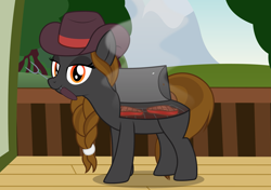 Size: 2531x1778 | Tagged: safe, alternate version, artist:badumsquish, derpibooru exclusive, oc, oc only, oc:barbecutie, object pony, original species, pony, barbeque, braid, braided ponytail, cooking, cowboy hat, deck, female, food, fork, hat, high res, house, lidded eyes, looking at you, mare, meat, mouth hold, ponified, show accurate, smiling, smoke, solo, steak, thermometer