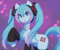 Size: 1634x1365 | Tagged: safe, artist:orchidpony, kotobukiya, earth pony, pony, :p, abstract background, anime, hatsune miku, headphones, kotobukiya hatsune miku pony, legwear, music notes, necktie, pigtails, ponified, solo, tongue out, vocaloid