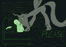 Size: 1665x1202 | Tagged: safe, artist:nonamenymous, queen chrysalis, oc, oc:anon, changeling, human, g4, angry, bedroom, begging, crying, dark background, scared, yandere, yanderesalis