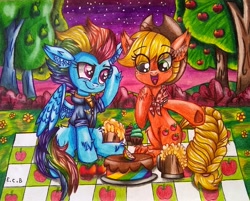 Size: 2659x2141 | Tagged: safe, artist:estrellasombria, applejack, rainbow dash, earth pony, pegasus, pony, apple, apple tree, appledash, braided tail, bush, cider, cider mug, colored pencil drawing, complex background, cupcake, dusk, ear fluff, female, fetlock tuft, flower, food, grass, hair over one eye, high res, hoof on chest, hoof on head, lesbian, looking at someone, mug, night, older, older applejack, older rainbow dash, open mouth, outdoors, pear, pear tree, picnic, picnic blanket, shipping, sitting, smiling, smirk, starry night, traditional art, tree, zap apple, zap apple cake