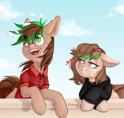Size: 1450x1378 | Tagged: safe, artist:fraxus, artist:ilovefraxus, earth pony, pony, commission, commission open, ear fluff, fluffy, girlfriend, happy, love, male, outdoors, shipping, smiling, ych result