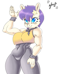 Size: 1713x2135 | Tagged: safe, artist:pantheracantus, star dancer, earth pony, anthro, g4, my little pony: the manga, big breasts, breasts, busty star dancer, clothes, colored, female, hoodie, muscles, muscular female, simple background, solo, tight clothing, white background, wide hips, wristband