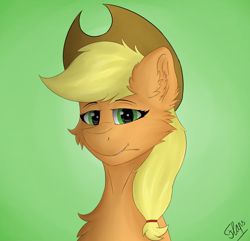 Size: 2938x2829 | Tagged: safe, artist:flapstune, applejack, earth pony, pony, g4, applejack's hat, bust, cheek fluff, chest fluff, cowboy hat, ear fluff, female, fluffy, green background, hat, high res, looking at you, mare, signature, simple background, smiling, solo