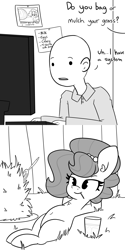 Size: 3000x6000 | Tagged: safe, artist:tjpones, oc, oc only, oc:brownie bun, oc:richard, earth pony, human, pony, horse wife, absurd resolution, adorasexy, belly button, black and white, comic, computer, cute, drink, female, grass, grayscale, herbivore, hooves behind head, horses doing horse things, lidded eyes, lying down, male, mare, monochrome, mouth hold, offscreen character, on back, sexy, toothpick
