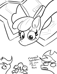 Size: 3000x3904 | Tagged: safe, artist:tjpones, apple bloom, applejack, scootaloo, sweetie belle, earth pony, pegasus, pony, unicorn, g4, black and white, cutie mark crusaders, female, filly, grayscale, high res, impossibly long neck, lineart, long horse, long neck, looking up, mare, monochrome, not salmon, simple background, wat, white background