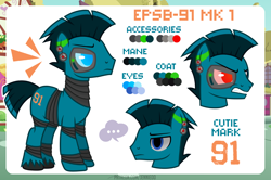 Size: 1200x798 | Tagged: safe, artist:jennieoo, oc, oc only, oc:epsb-91 mk 1, earth pony, pony, robot, robot pony, angry, palindrome get, reference sheet, show accurate, solo