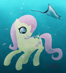 Size: 1824x2000 | Tagged: safe, artist:kennyqt, fluttershy, fish, manta ray, pegasus, pony, g4, blue background, blue eyes, bubble, crepuscular rays, cute, daaaaaaaaaaaw, female, ocean, shyabetes, signature, simple background, smiling, solo, underwater, water, watershy, wings