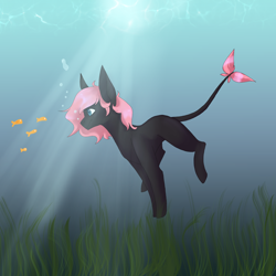 Size: 2048x2048 | Tagged: safe, artist:littleladylondon, oc, oc only, earth pony, fish, pony, blue background, blue eyes, bubble, crepuscular rays, feather, female, high res, ocean, seaweed, simple background, solo, sunlight, tail, underwater, water