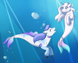Size: 2646x2153 | Tagged: safe, artist:cup-of-chai, oc, oc only, hybrid, merpony, pony, seapony (g4), unicorn, blue eyes, bubble, eyes closed, fish tail, flowing mane, high res, horn, looking at each other, open mouth, seaponified, seashell, smiling, species swap, swimming, tail, underwater