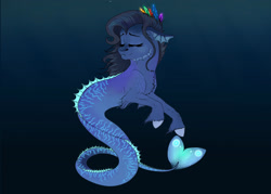 Size: 2898x2070 | Tagged: safe, artist:littlewhispurr, oc, oc only, hybrid, merpony, seapony (g4), auction, blue background, crepuscular rays, eyes closed, feather, female, fish tail, high res, ocean, signature, simple background, smiling, solo, tail, underwater, water