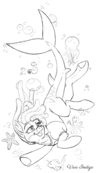 Size: 554x1000 | Tagged: safe, artist:viva-indigo, oc, oc only, hybrid, original species, shark, shark pony, starfish, bubble, commission, fish tail, flowing mane, looking up, open mouth, signature, simple background, smiling, solo, swimming, tail, underwater, water, white background