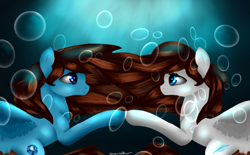 Size: 980x608 | Tagged: safe, artist:bdpon3, oc, oc only, pegasus, pony, blue eyes, bubble, crepuscular rays, eyes closed, fish tail, flowing mane, horn, looking at each other, open mouth, seaponified, smiling, species swap, sunlight, tail, underwater, wings