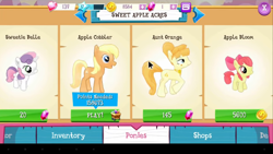 Size: 854x480 | Tagged: safe, gameloft, apple bloom, apple cobbler, aunt orange, sweetie belle, earth pony, pony, unicorn, g4, my little pony: magic princess, app, apple family member, arrow, bits, crystal, female, filly, game, gem, heart, minecart, mobile game, stars, store