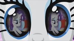 Size: 1280x720 | Tagged: safe, editor:rarity vrymer collective, screencap, rarity, g4, green isn't your color, magical mystery cure, season 1, season 3, carousel boutique, eye reflection, female, reflection, self ponidox, sewing, sewing machine