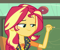 Size: 1280x1080 | Tagged: safe, screencap, sunset shimmer, equestria girls, g4, my little pony equestria girls: better together, the finals countdown, clothes, cropped, cutie mark, cutie mark on clothes, female, geode of empathy, magical geodes, smugset shimmer, solo