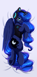 Size: 3040x6161 | Tagged: safe, artist:pridark, princess luna, alicorn, pony, gamer luna, g4, absurd resolution, beautiful, blushing, body pillow, body pillow design, butt, chest fluff, clothes, dakimakura cover, female, fluffy, frog (hoof), headphones, looking at you, mare, monster energy, plot, solo, underhoof
