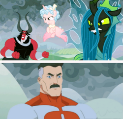 Size: 679x660 | Tagged: safe, edit, edited screencap, screencap, cozy glow, lord tirek, queen chrysalis, alicorn, centaur, changeling, changeling queen, humanoid, pony, g4, season 9, the ending of the end, alicornified, cozycorn, debate in the comments, female, filly, invincible, legion of doom, male, omni-man, race swap, this will end in death, this will not end well, ultimate chrysalis, viltrumite, what if
