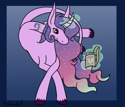 Size: 1750x1500 | Tagged: safe, artist:misskanabelle, oc, oc only, oc:aurora star, pony, unicorn, book, female, glowing horn, gradient background, horn, magic, mare, reading, signature, solo, telekinesis, unshorn fetlocks