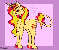 Size: 1750x1500 | Tagged: safe, artist:misskanabelle, sunset shimmer, pony, unicorn, g4, abstract background, female, hoof fluff, horn, leonine tail, mare, signature, solo