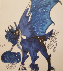 Size: 1280x1433 | Tagged: safe, artist:iaufeyson, princess luna, alicorn, pony, g4, female, hybrid wings, mare, solo, traditional art, unshorn fetlocks, wings