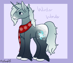 Size: 1750x1500 | Tagged: safe, artist:misskanabelle, oc, oc only, oc:winter wonderland, pony, unicorn, abstract background, clothes, hoof fluff, horn, male, offspring, parent:double diamond, parent:sunset shimmer, parent:trixie, parents:doubletrix, scarf, signature, solo, sperm donation, stallion, unicorn oc