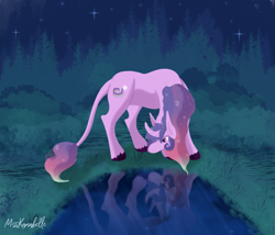 Size: 1750x1500 | Tagged: safe, artist:misskanabelle, oc, oc only, oc:aurora star, classical unicorn, pony, unicorn, cloven hooves, female, horn, leonine tail, mare, night, outdoors, pond, reflection, signature, stars, the last unicorn, unicorn oc, unshorn fetlocks