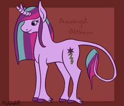 Size: 1750x1500 | Tagged: safe, artist:misskanabelle, oc, oc only, oc:amethyst althaea, pony, unicorn, abstract background, female, hoof fluff, horn, leonine tail, magical lesbian spawn, mare, offspring, parent:starlight glimmer, parent:twilight sparkle, parents:twistarlight, signature, solo, unicorn oc