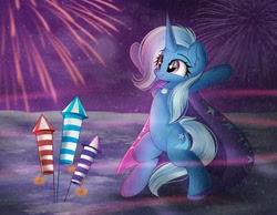 Size: 1860x1446 | Tagged: safe, artist:janelearts, trixie, pony, unicorn, derpibooru, g4, bipedal, bipedal leaning, cape, clothes, cloud, female, firecracker, fireworks, glowing, ground, hooves up, leaning, mare, missing accessory, night, raised hooves, safe tag milestone, solo, starry night, stars, trixie's cape