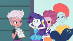 Size: 3410x1920 | Tagged: safe, screencap, candyberry, fluorite fire, pearl pompadour, pilot pearl, rarity, equestria girls, equestria girls specials, g4, my little pony equestria girls: better together, my little pony equestria girls: rollercoaster of friendship, armpits, arms in the air, bracelet, clothes, cutie mark, cutie mark on clothes, female, geode of shielding, hairpin, hands in the air, jewelry, magical geodes, male, rarity peplum dress, stressed