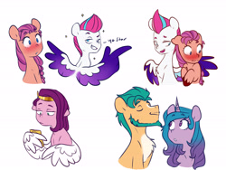 Size: 6000x4500 | Tagged: safe, artist:chub-wub, hitch trailblazer, izzy moonbow, pipp petals, sunny starscout, zipp storm, earth pony, pegasus, pony, unicorn, g5, absurd resolution, beard, blaze (coat marking), blushing, braid, cellphone, chest fluff, coat markings, colored wings, dialogue, eyes closed, facial hair, facial markings, female, floppy ears, grin, izzyhitch, lesbian, looking at you, looking away, looking back, looking back at you, looking down, male, mane five (g5), mare, multicolored wings, one eye closed, open mouth, pale belly, phone, pointing, shipping, shy, simple background, smartphone, smiling, sparkles, spread wings, stallion, straight, sunnyzipp, teeth, unshorn fetlocks, wall of tags, white background, wing hands, wing hold, wings, wink
