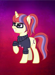 Size: 948x1298 | Tagged: safe, artist:lucymarie2000, moondancer, pony, unicorn, g4, clothes, female, glasses, gradient background, mare, redesign, solo, sweater