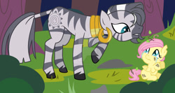 Size: 1024x544 | Tagged: safe, artist:maliceintheabyss, fluttershy, zecora, pegasus, pony, zebra, g4, alternate universe, base used, blank flank, crying, deviantart watermark, duo, female, filly, filly fluttershy, messy mane, obtrusive watermark, torn ear, watermark, younger