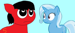 Size: 1280x578 | Tagged: safe, artist:disneyponyfan, trixie, oc, earth pony, pony, unicorn, g4, 1000 hours in ms paint, 5, blue background, duo, faic, looking left, simple background