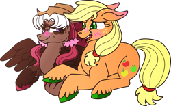 Size: 1289x799 | Tagged: safe, artist:musical-medic, applejack, oc, pegasus, pony, g4, blushing, canon x oc, female, lesbian, lying down, mare, prone, shipping, simple background, tooth gap, transparent background, unshorn fetlocks