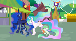 Size: 1024x563 | Tagged: safe, artist:velveagicsentryyt, princess celestia, princess luna, oc, oc:flosun pollen, oc:lunais, changepony, hybrid, pony, unicorn, g4, female, filly, offspring, parent:king sombra, parent:princess celestia, parent:princess luna, parent:thorax, parents:lumbra, parents:thoralestia