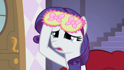 Size: 1280x720 | Tagged: safe, editor:rarity vrymer collective, screencap, rarity, pony, g4, sisterhooves social, carousel boutique, female, sleep mask, solo