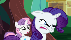 Size: 1280x720 | Tagged: safe, editor:rarity vrymer collective, screencap, rarity, sweetie belle, pony, unicorn, g4, sisterhooves social, angry, belle sisters, female, filly, foal, horn, mare, siblings, sisters