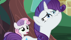 Size: 1280x720 | Tagged: safe, editor:rarity vrymer collective, screencap, rarity, sweetie belle, g4, season 2, sisterhooves social, derp, faic, female, scrunchy face, snickering