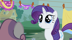 Size: 1280x720 | Tagged: safe, editor:rarity vrymer collective, screencap, rarity, sweetie belle, pony, unicorn, g4, sisterhooves social, cute, female, raribetes, smiling