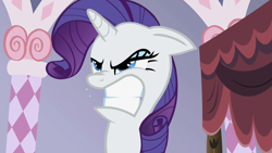 Size: 1280x720 | Tagged: safe, editor:rarity vrymer collective, screencap, rarity, pony, unicorn, g4, season 2, sisterhooves social, angry, carousel boutique, female, gritted teeth, horn, mare