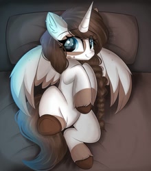Size: 960x1093 | Tagged: safe, artist:janelearts, oc, oc only, alicorn, pony, bed, female, mare, solo, underhoof