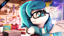 Size: 3840x2160 | Tagged: safe, artist:xenia-amata, oc, oc only, oc:xenia amata, bat pony, pony, 3d, birthday, birthday candles, cake, cake slice, cute, ear tufts, fangs, food, glasses, happy birthday, hat, high res, party hat, solo, source filmmaker