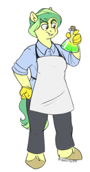 Size: 511x972 | Tagged: safe, artist:pigeorgien, oc, oc only, oc:half-life, earth pony, anthro, apron, chemicals, clothes, female, hand on hip, mare, pants, shirt, solo, unshorn fetlocks